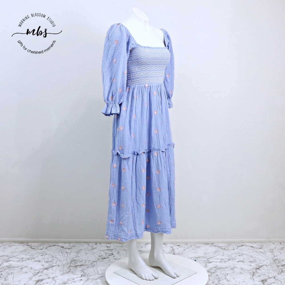Embroidered Cottagecore Puff Sleeve Smocked Tiered Midi Dress Blue Women S
